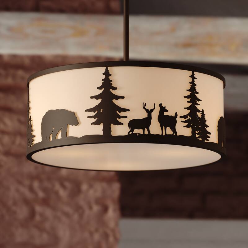 Acadia 3L Bronze Rustic Pendant Light White Linen Bear Deer Tree - 18-in W x 16.75-in H x 18-in D - Bronze - 18-in W x 16.75-in H x 18-in D