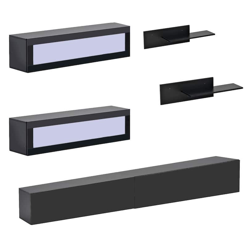 Wall Mount Floating TV Stand with LED Strip Lights & Shelves, Media
