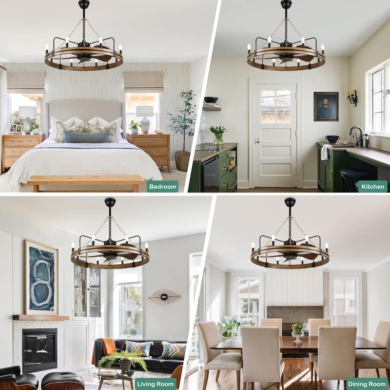 Cusp Barn 36 Inch Rustic Wagon Wheel Ceiling Fan with Light and Remote, Industrial 6 Speeds Fandelier Ceiling Fan for Bedroom