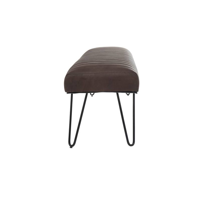 Brown Leather Upholstered Bench with Linear Tufted Panels and Black Metal Hairpin Legs