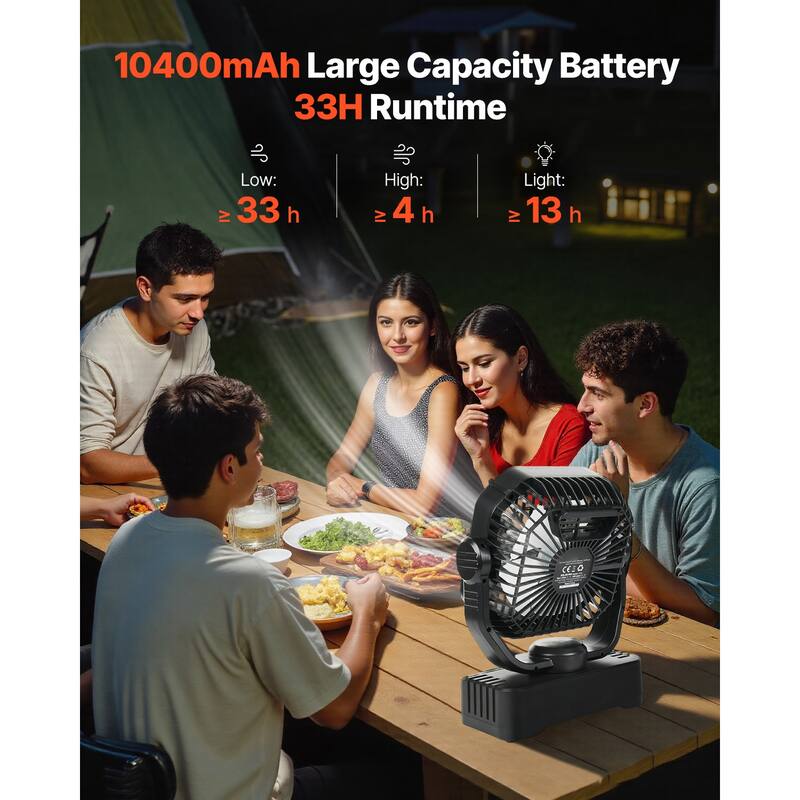 10400mAh Solar Fan Camping Fan with Solar Panel LED Lantern 7W 8 Inch