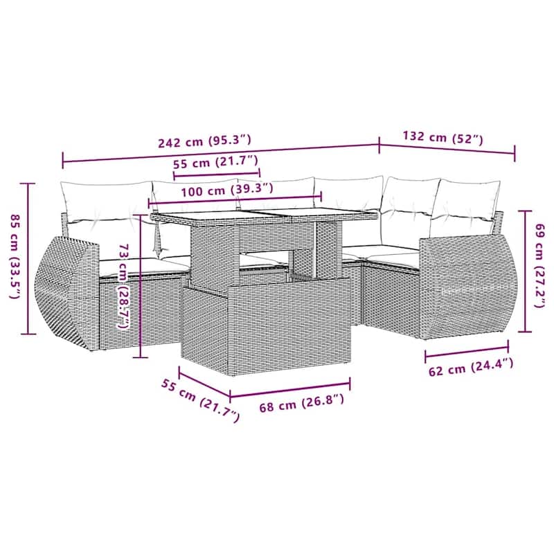 vidaXL 6 Piece Patio Sofa Set with Cushions Black/Brown/Gray Poly Rattan