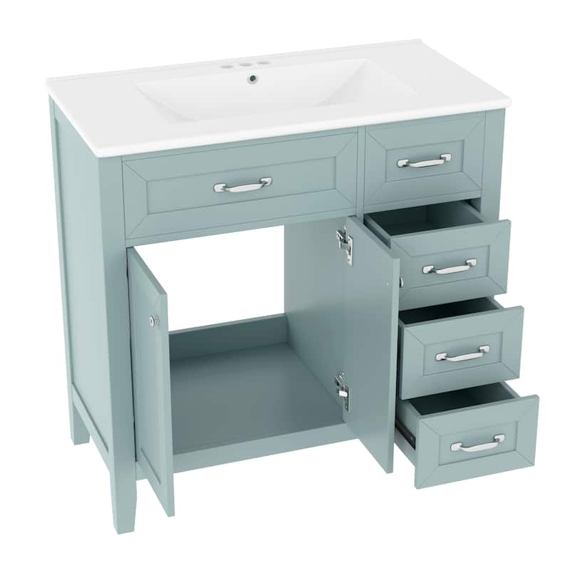 36" Bathroom Vanity w/ Sink, Lager Cabinet, 3 Drawers & Metal Handles