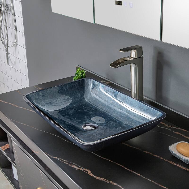 Vinnova Glass Rectangular Vessel Bathroom Sink without Faucet