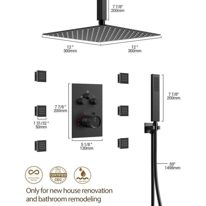 Shower System 12" Ceiling Rain Shower Head with 3-Way Thermostatic Faucet & Body Jets
