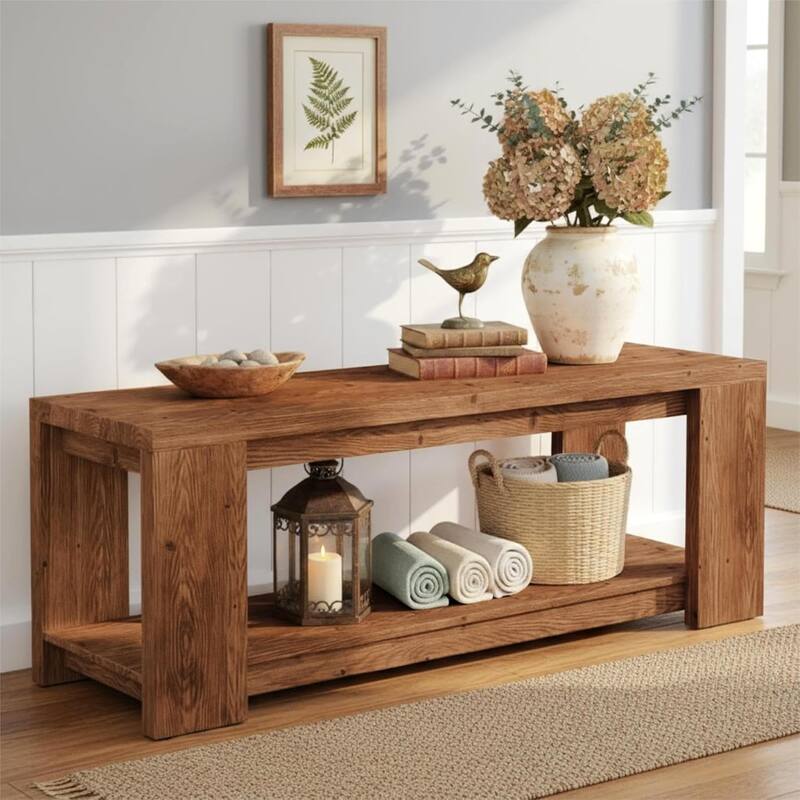 63" Solid Wood Console Table with Open Shelves, Entryway Accent Table for Entrance Living Room