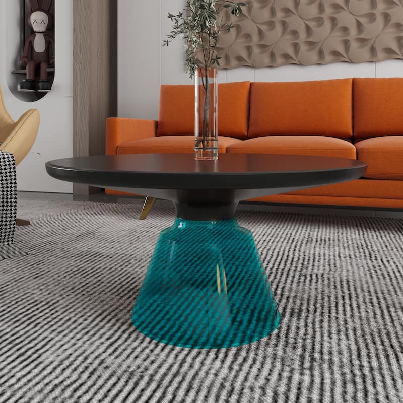 30-Inch Round Coffee Table Glass/Stone Tabletop with Black Iron Rim Frame Glass Pedestal Base