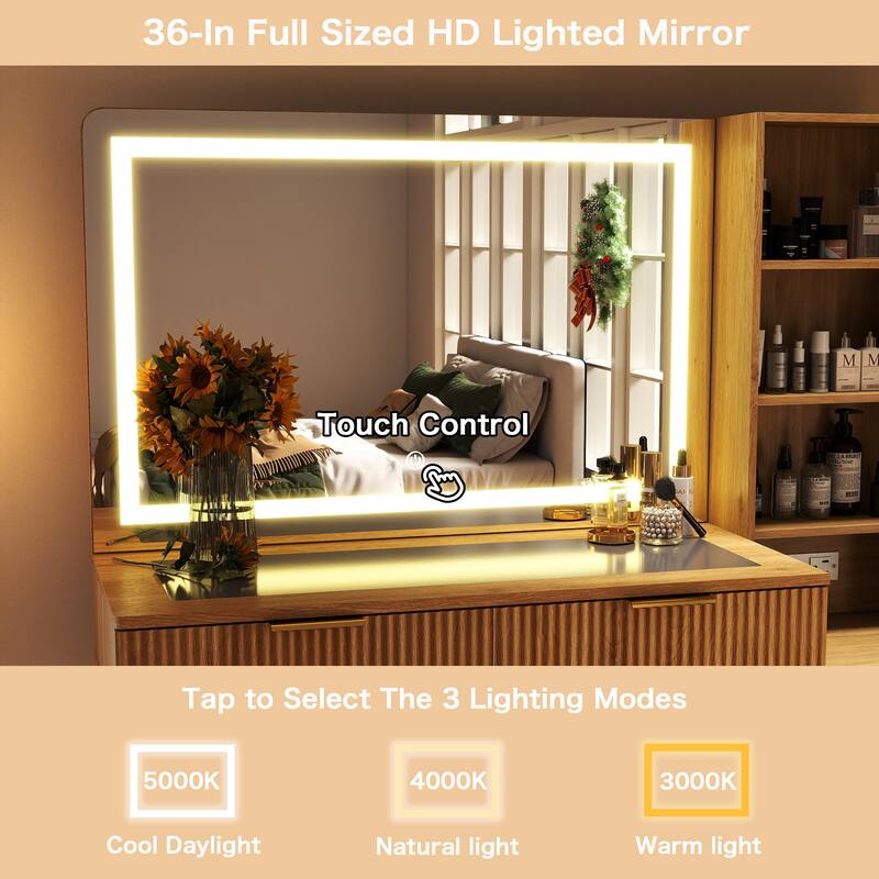 50" Makeup Vanity with 36" Lighted Mirror, 4 Dressers & Charging Station & 3 Light Modes