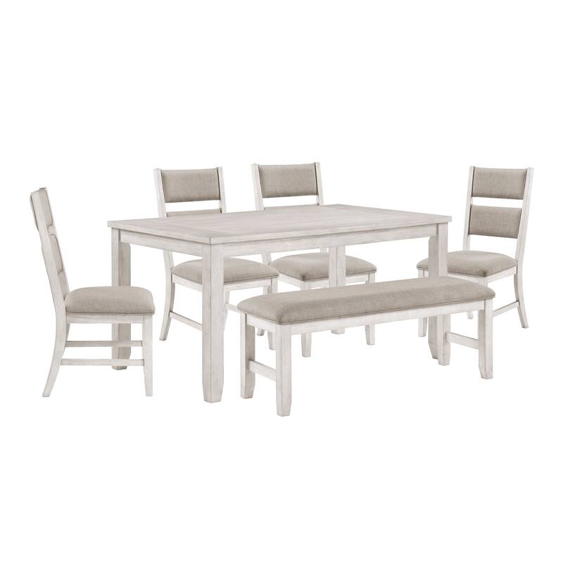 Farmhouse 6pc Dining Set Table Bench 4x Side Chairs Upholstered Seat Antique White Finish Durable Wooden Furniture