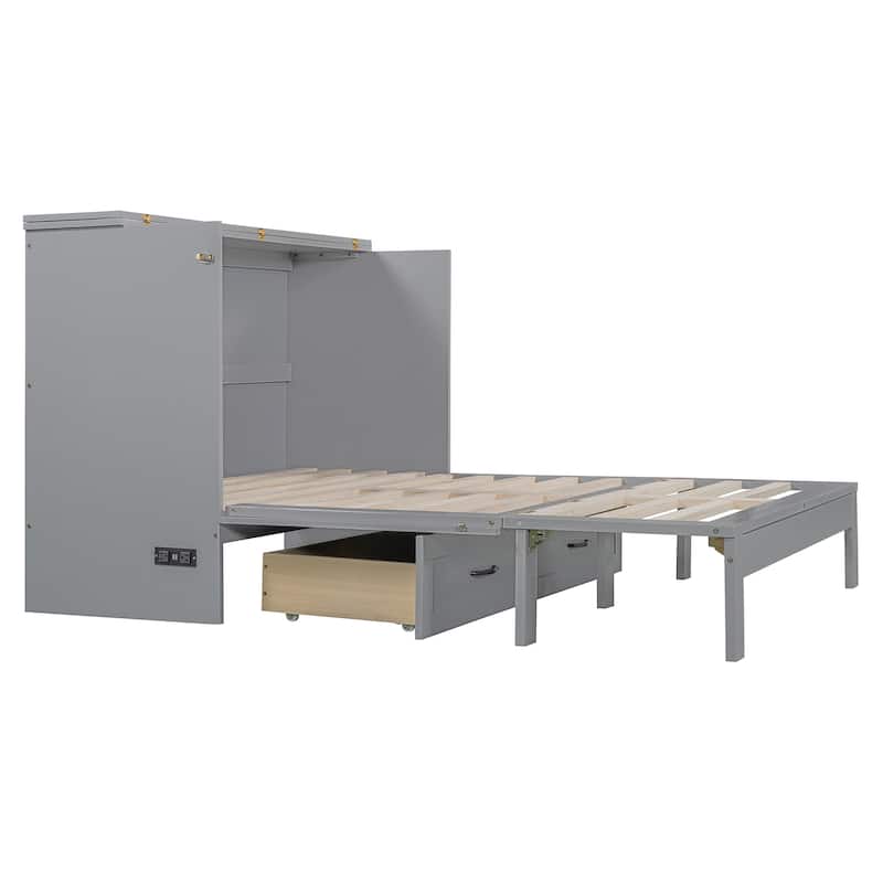 Full/Queen Size Murphy Bed Wall Bed with a Large Drawer, Folding Murphy Cabinet Bed, Space Saving Murphy Bed Chest