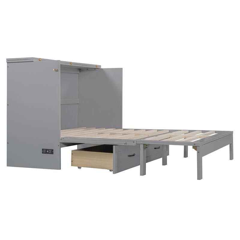 Full Size Murphy Bed Cabinet with Charging Station & A Large Drawer, Foldable Pull Out Wall Bed for Apartments, Bedrooms, Studio