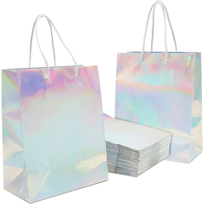 Sparkle and Bash 24 Pack Silver Holographic Gift Bags with Handles (10 x 8 x 4.25 In)