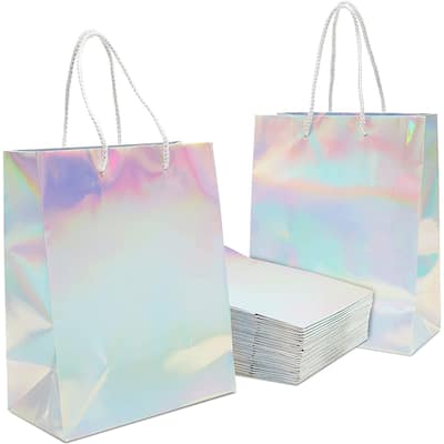 Sparkle and Bash 24 Pack Silver Holographic Gift Bags with Handles (10 x 8 x 4.25 In)