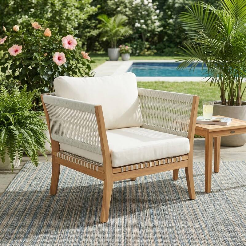 Christopher Knight Home - Modern Outdoor Acacia Wood Patio Lounge Chair with Woven Rope Accents and Weather-Resistant Cushions - Natural+Beige - 1-Piece