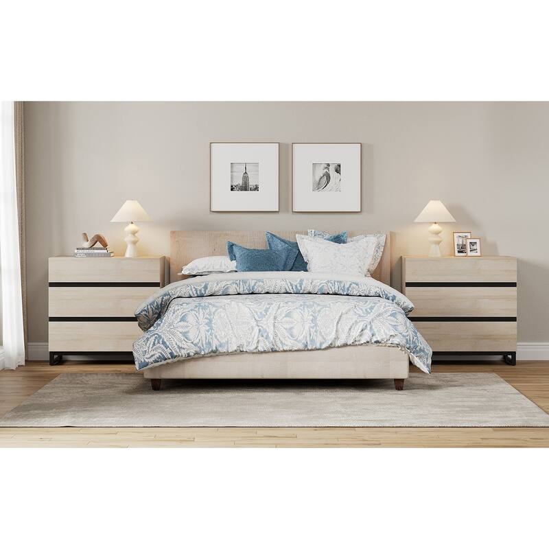 WAMPAT Nightstand with 3 Drawers for Bedroom, Modern Bedside Table with Black Square Iron Leg, Wood Rustic Side Table