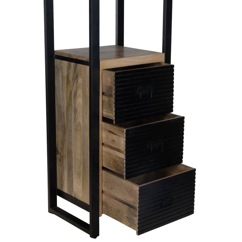 79" Industrial Mango Wood Bookshelf with Drawers and Shelves