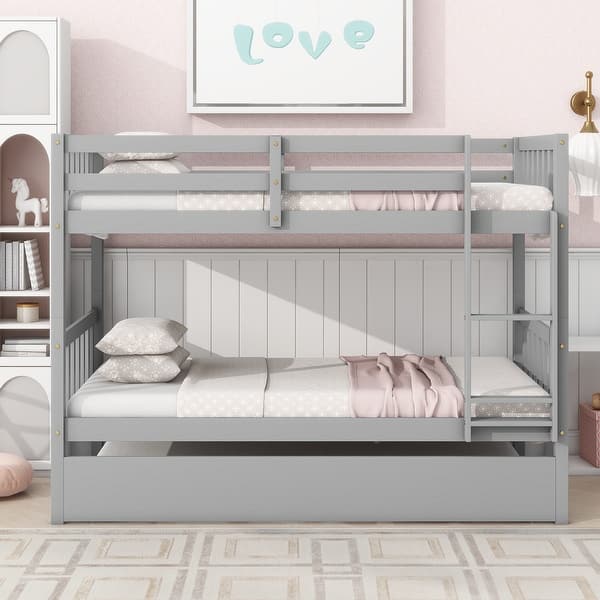 slide 2 of 9, Modern Twin Over Twin Wood Bunk Kid Bed with Trundle,Ladder,Guardrail Grey