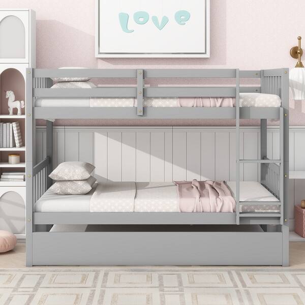 slide 2 of 8, Twin Over Twin Rubber Wood Bunk Bed with Trundle, Convertible into Two Twin Beds with Ladder, Guardrails, Grey Grey