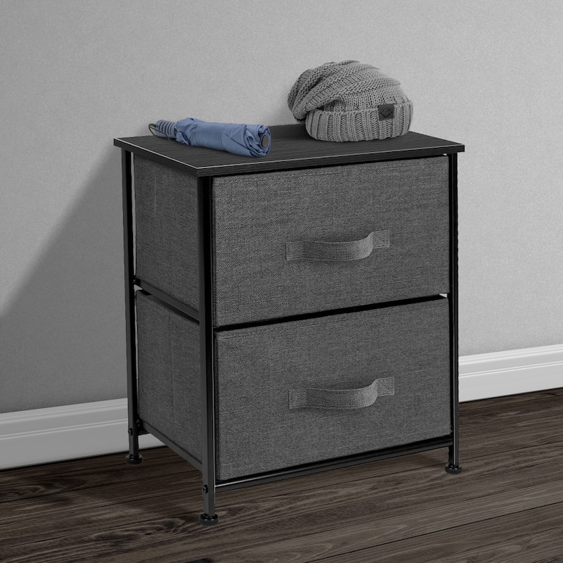 2 Drawer Nightstand Dresser Organizer Steel Frame Wood Top Fabric Bins