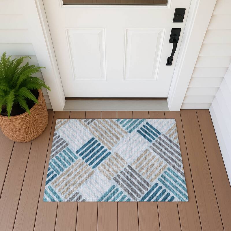 Machine Washable Indoor/ Outdoor Modern Weave Chantille Rug - Teal - 1'8" x 2'6"