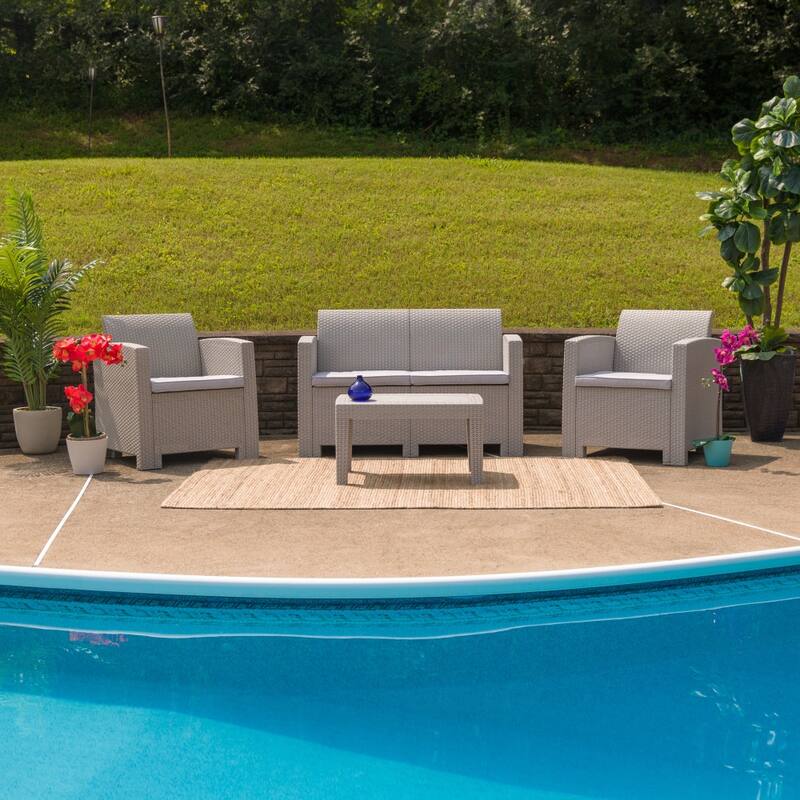 4 Piece Outdoor Faux Rattan Chair, Loveseat and Table Set - 27"D x 26.75" - 47"W x 30"H