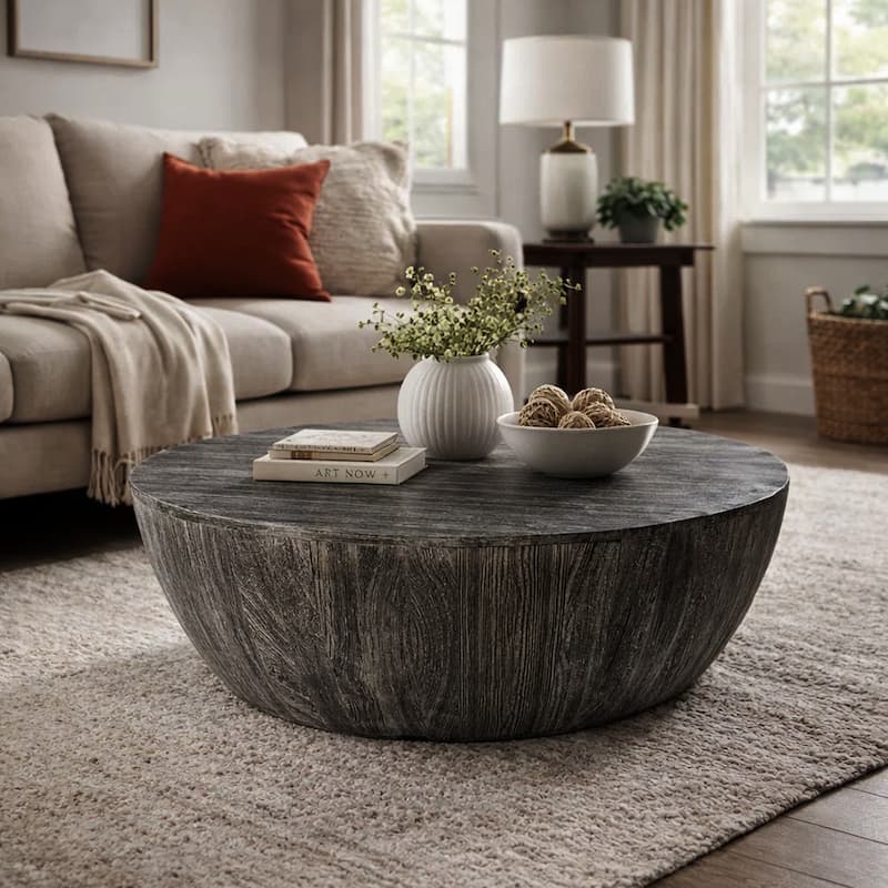 Arthur 35.5 Inch Round Mango Wood Coffee Table Subtle Grains