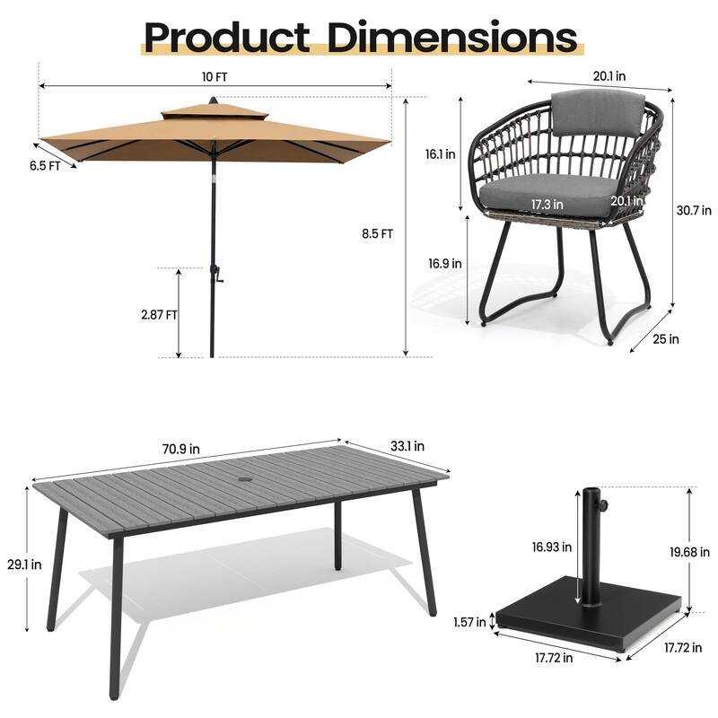 9PC Outdoor Patio Dining Set Aluminum Table with Rattan Chairs w/ Market Umbrella Sets