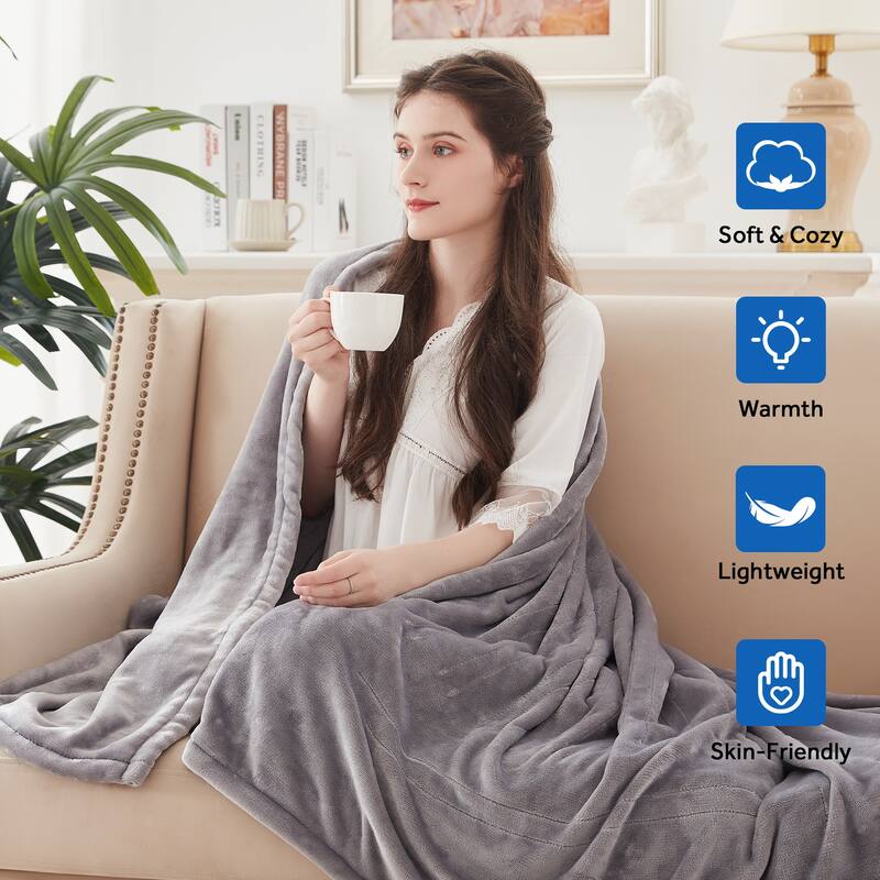 Heated Blanket Electric Throw Fast Heating Ultra Soft Warm Flannel - Light Grey - Twin