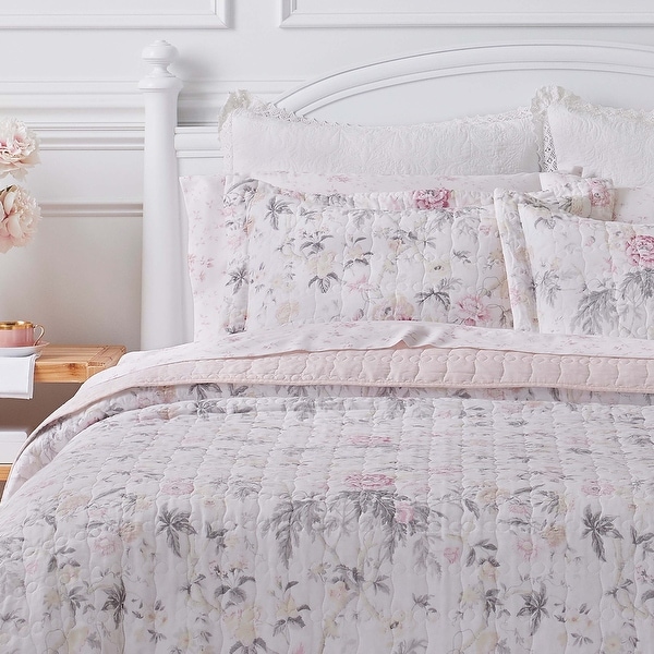 Laura Ashley Breezy Floral Cotton Reversible Pink/Grey Quilt Set - On Sale  - Bed Bath & Beyond - 15370411