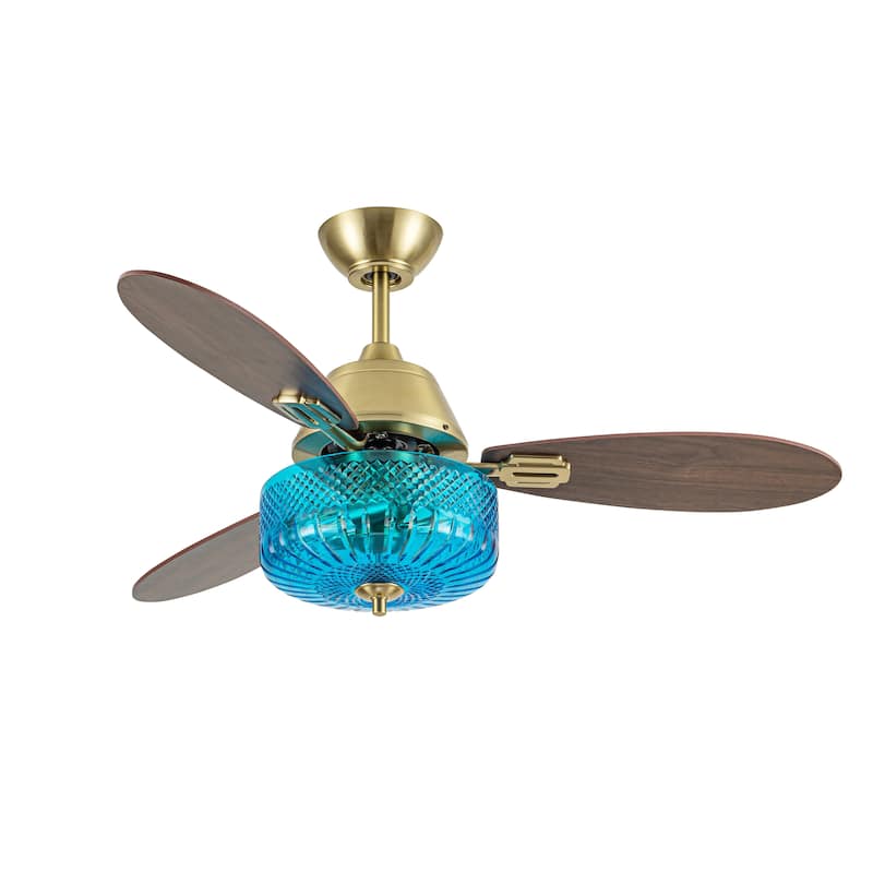 Maeve River of Goods 3-blade 42-inch Glam Indoor Ceiling Fan with Blue Hand-Cut Glass Shade and Remote Control