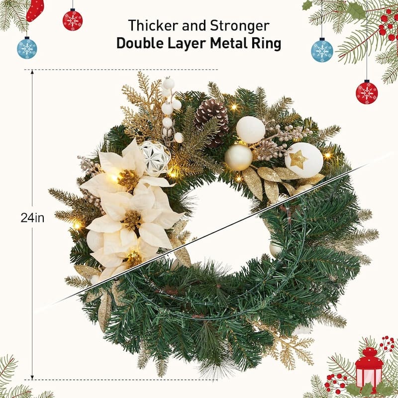 24 in Pre-Lit Christmas Wreath with Lights for Home Holiday Decor - N/A