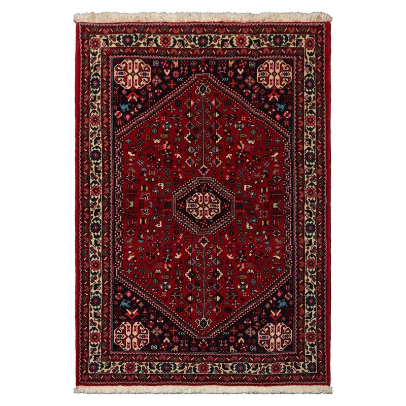 3'7''x5'2" Red Abadeh Rug 200 KPSI Wool & Silk Hand Knotted Tribal Pole Design - 3' 7'' x 5' 2'' - 3' 7'' x 5' 2''