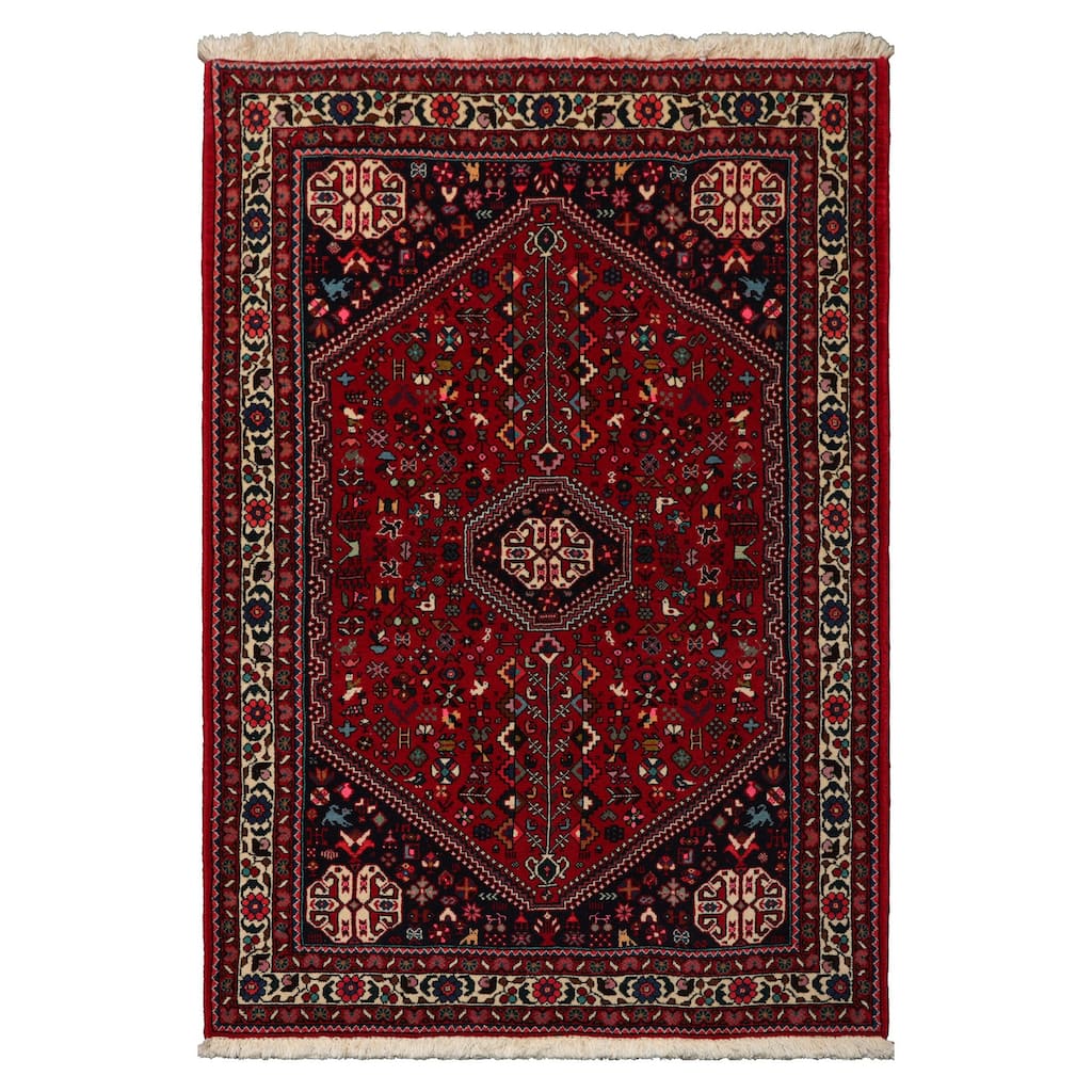 3'7''x5'2" Red Abadeh Rug 200 KPSI Wool & Silk Hand Knotted Tribal Pole Design - 3' 7'' x 5' 2''