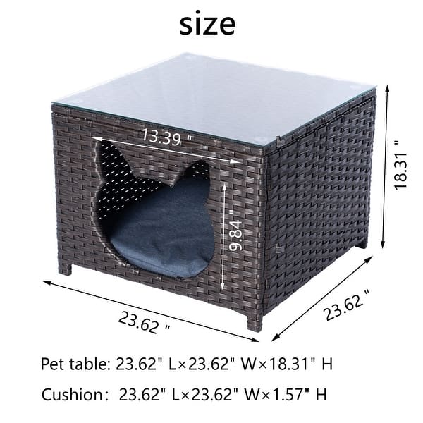 OVIOS Patio Outdoor Brown Wicker Pet Coffee Table with Glass Top Bed