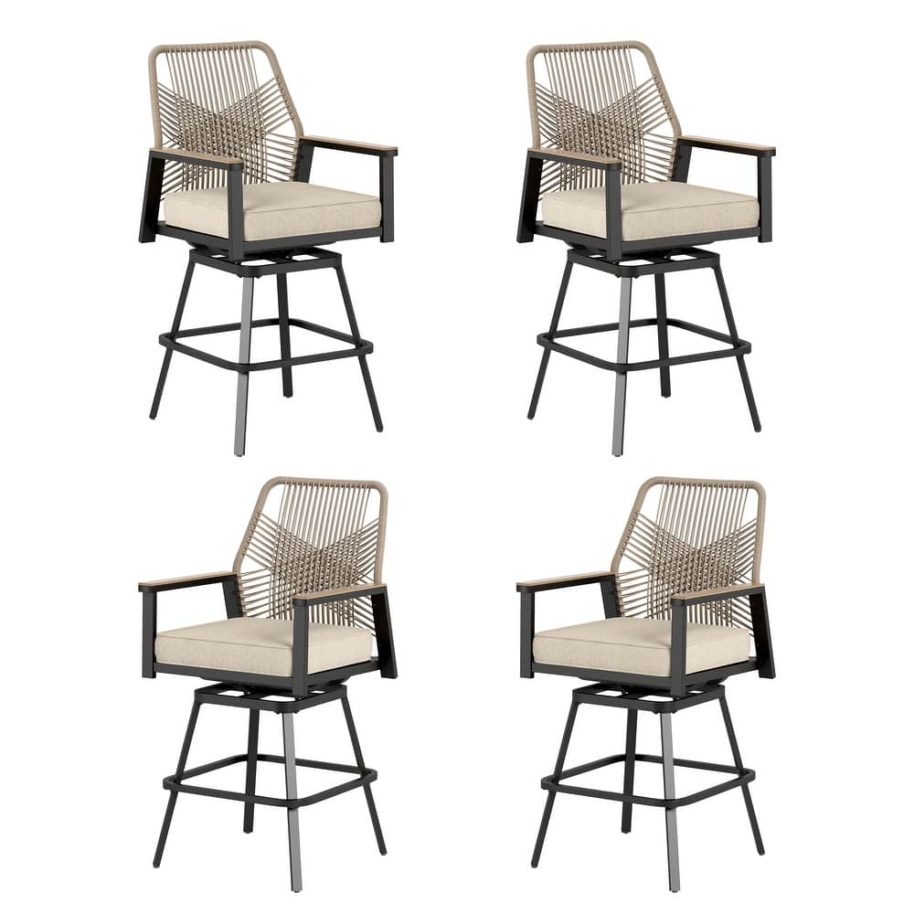 MAISON ARTS Modern Twill Wicker Woven Outdoor Bar Stool Chair Set, Counter Height Stool with Back and Cushion