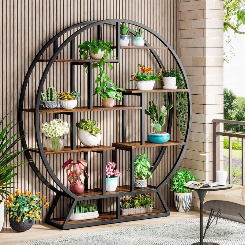 Industrial Round Plant Stand, 63 Inch Plant Shelf Holder, Multipurpose Flower Pot Stands with 8 Shelves