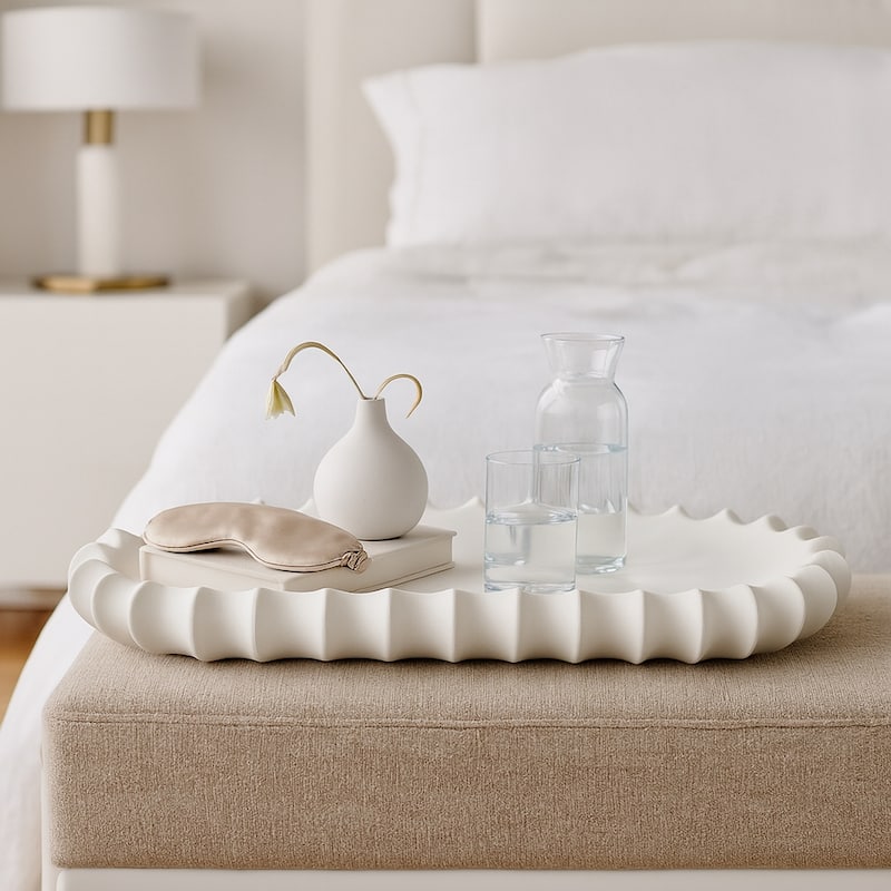 Ceramic Decorative Tray Sculpted Edge Design Modern Decor - 3" Ivory - 18.75"