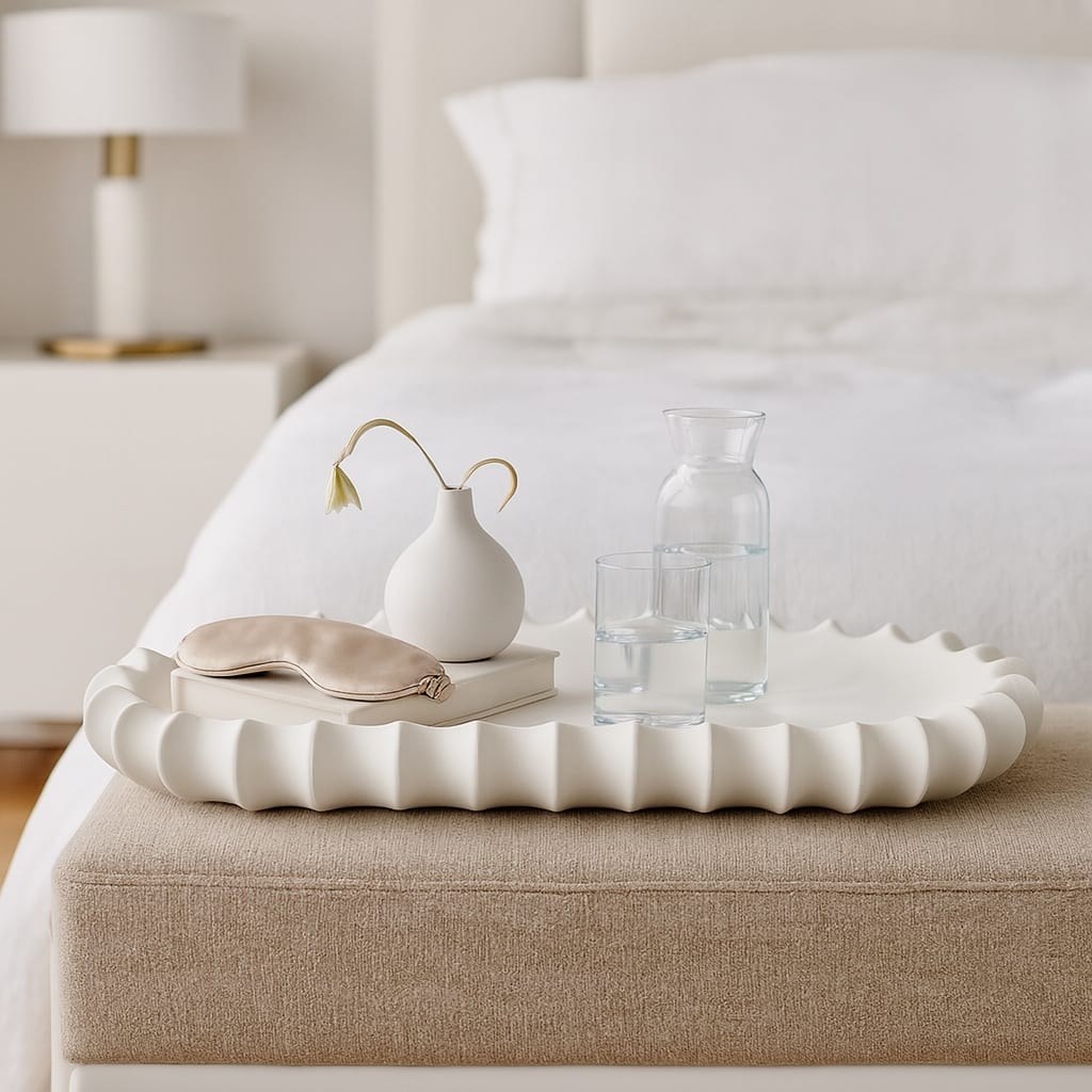 Ceramic Decorative Tray Sculpted Edge Design Modern Decor - 3" Ivory - 18.75"