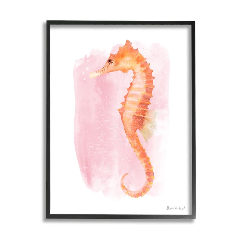 Stupell Gentle Orange Seahorse Speckled Pink Watercolor Detail Framed Wall Art, Design by Diane Neukirch - 24 x 30 - Black