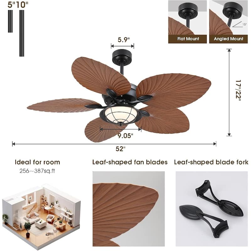 52" Tropical Ceiling Fan with Light and Remote,Indoor and Outdoor Ceiling Fan,Waterproof - 52 Inches