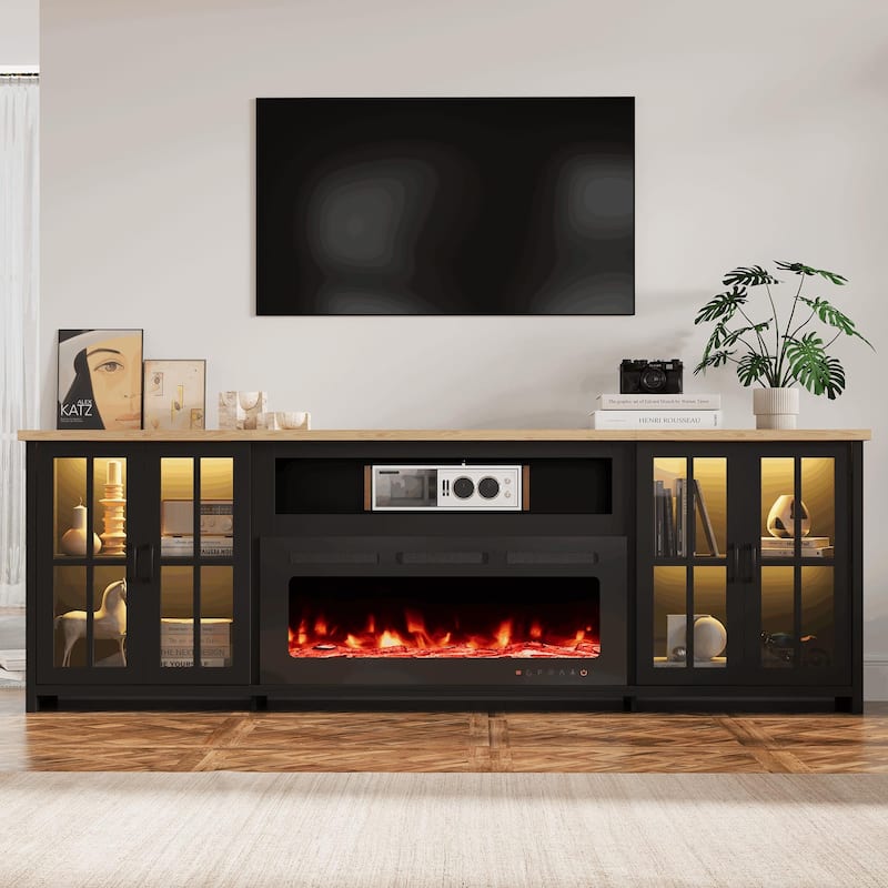 EROMMY 78"/ 97" Fireplace TV Stand with Electric Fireplace, Farmhouse Media Console with LED Lights, Glass Doors