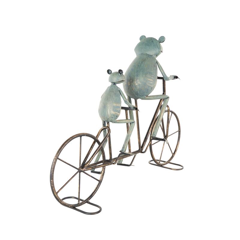 Metal Frog On Bicycle Garden Sculpture with Gold Accents - Copper or Green - Roche River Decor