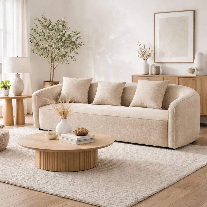 Keina Sofa, 3 Accent Pillows, Rounded Back, Beige Chenille, 79 Inch