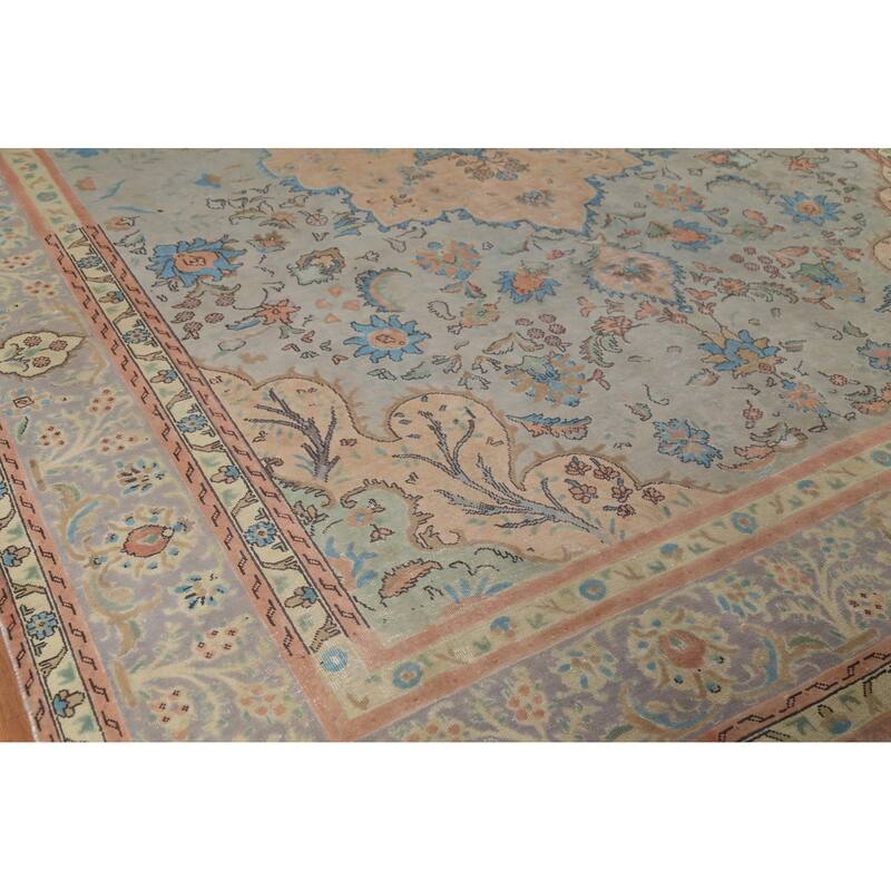 Floral Green Tabriz Persian Vintage Area Rug Hand-Knotted Wool Carpet - 9'7"x 12'11"