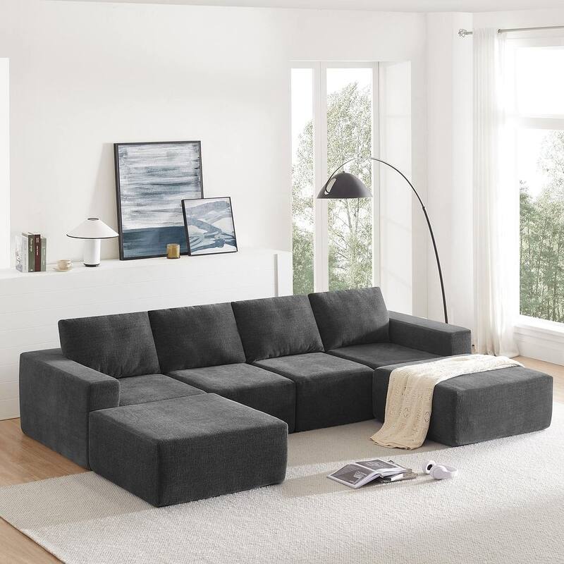 U-Shape Sectional Sofa, Double Extra Wide Chaise Lounge Couch, Luxury Chenille