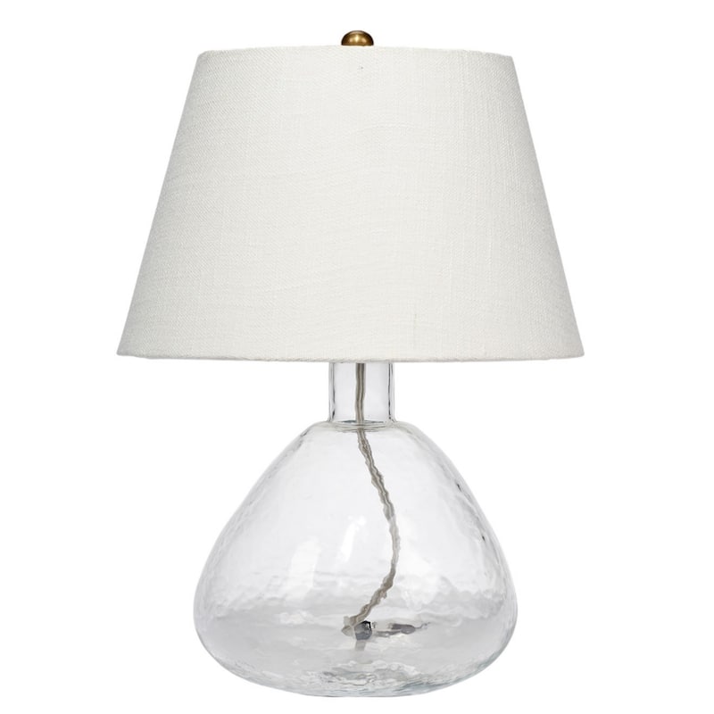 Navi 17 Inch Table Lamp, White Linen Drum Shade, Clear Glass Curved Body