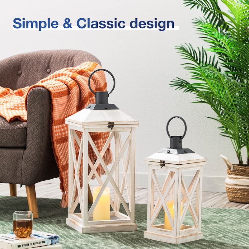 Glitzhome Set of 2 Farmhouse Wooden Lantern Hanging Candle Holders Fall Wedding Decor - 24"+17"