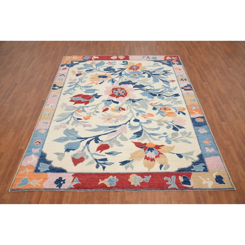 Hand Knotted Oriental 100% Wool Carpet Transitional Floral Beige & Ivories Oushak Area Rug - 9' 11'' X 8' 4''