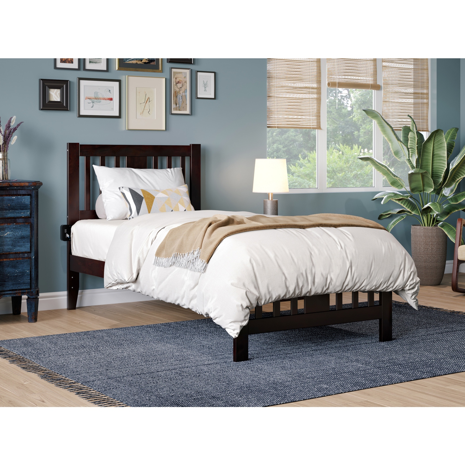Twin Bed with Footboard & USB - Espresso Finish - Solid Wood Frame - 38.25" x 76"
