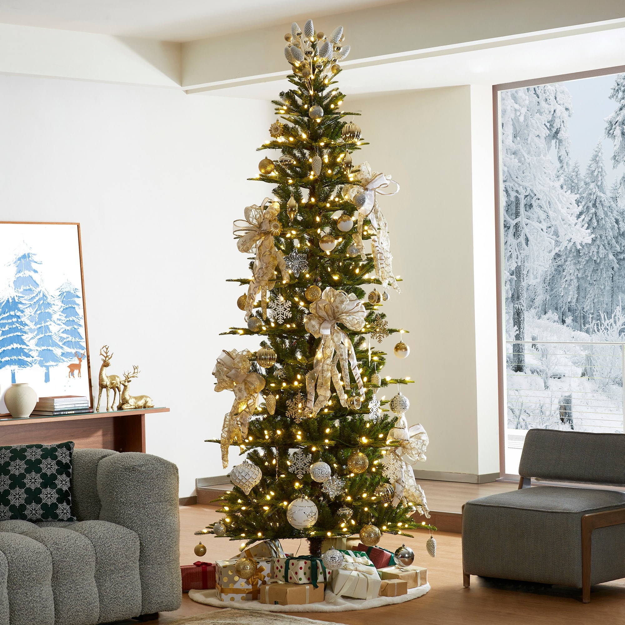 Glitzhome 6.5ft/7.5ft/9ft Pre-Lit Evergreen Slim Fir Artificial Christmas Tree With Strawberry Lights